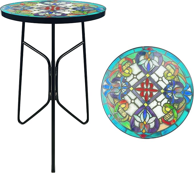 Mosaic Flower Outdoor Side Tea Table, Glass Plant Tables Decorative Metal Patio Table, Round Outdoor Tables Unique Furniture-Weather-Resistant Patio Decor, Valentine's Day Decoration Gift
