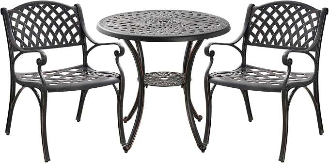 3 Piece Patio Bistro Set, Outdoor Cast Aluminum Dining Set, Patio Bistro Furniture Set Round Table with Umbrella Hole for Backyard Lawn Garden