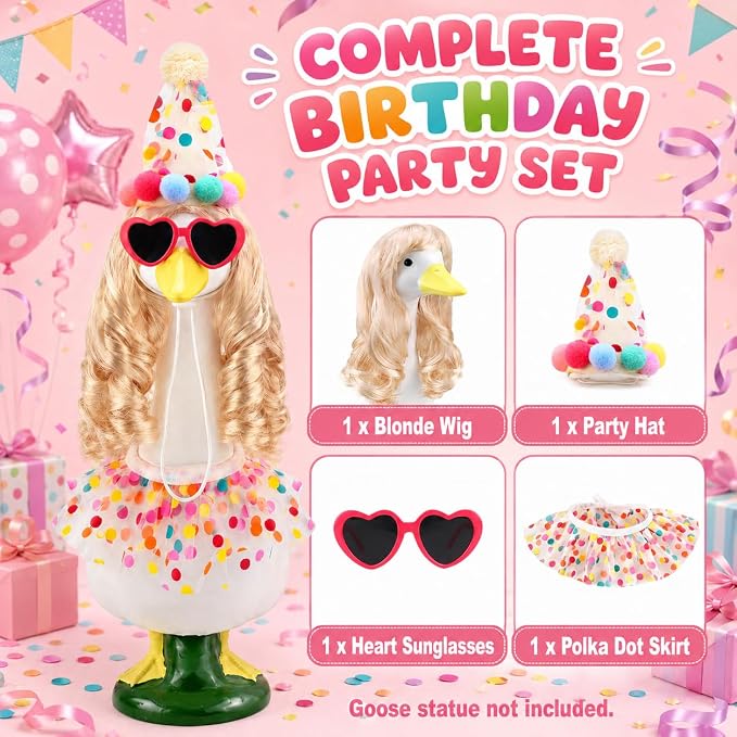 Birthday Porch Goose Outfit 1 Pack with Long Blonde Wig Happy Birthday Hat Scarf Porch Goose Outfits Party Style Outdoor Decor for Lawn Geese Statues