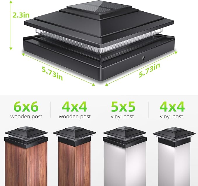 Post Caps Lights Outdoor 6pack, Waterproof Fence Post Solar Lights for 4x4 5x5 6x6 Wood/Vinyl Posts, Black Solar Deck Post Lights with 2 Color Modes Decorate Garden Patio Porch Backyard