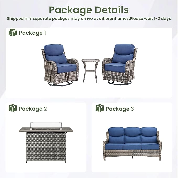 Luxury Patio Furniture Set with 6-inch Thick Cushion, Outdoor Furniture with Fire Pit Table, Swivel Chairs, Side Table, Sofa, 5pcs Wicker Conversation Set (Grey Wicker/Blue Cushion)