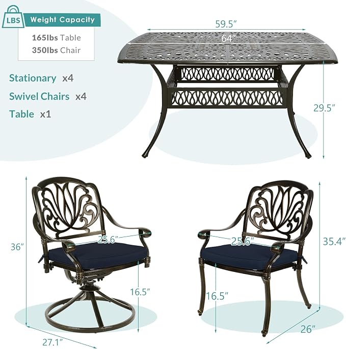 MEETWARM 9-Piece Outdoor Patio Dining Set for 8, All Weather Cast Aluminum Patio Funiture Table and Chairs Set- 64" Square Table and 4 Swivel Rocker Chairs, 4 Stationary, Umbrella Hole, Navy Blue
