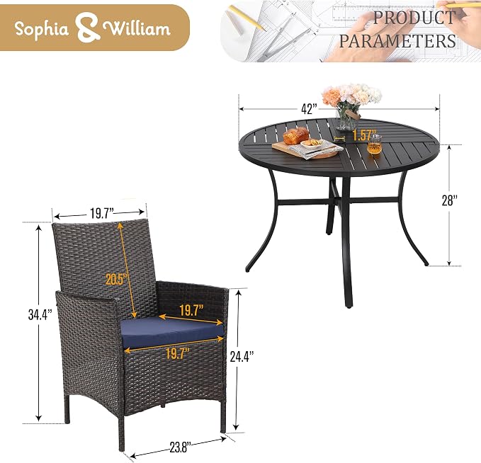 Sophia & William 5 Pieces Round Patio Dining Set, 42" Dia Round Outdoor Table with Umbrella Hole, 4 Rattan Chairs with Cushion, All Weather Patio Table and Chairs Set for 4