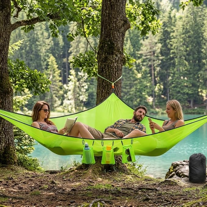 Multi-person triangular hammock, aerial camping hammock, suspended type, suitable for outdoor adventures, hiking, backyards, and gardens, includes straps, buckles, and storage bag (Black, 110in*110in)