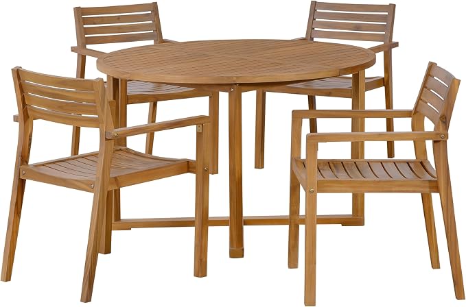 Merax 5-Piece Outdoor Dining Set for 4 People, Weather-Resistant Sturdy Acacia Wood Furniture Sets, 4 Chairs + 47.2" Round Dining Table, for Patios Garden Poolside Lawn, Natural
