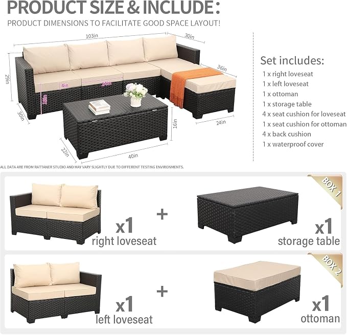 4-Piece Rattaner Outdoor Patio Furniture Set with Weatherproof Cushions with Anti-Slip and Waterproof Covers for Garden Deck Backyard(Beige)