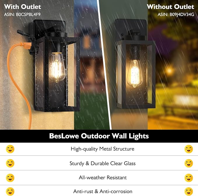 BesLowe Porch Lights with Outlet, Modern Outdoor Wall Light Fixtures, Black | UL-Listed Extra Power Socket, Waterproof, Rust-Resistant, Durable Metal with Clear Glass, Easy to Install