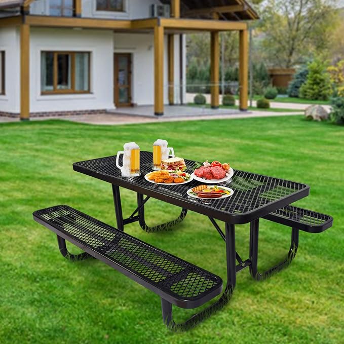 Heavy Duty Picnic Table for Outdoor 1400 lbs Load All Metal Camping Table with Umbrella Hole up to 1.5", Rectangle Dining Table for Commercial Picnic Table with Benches, Black