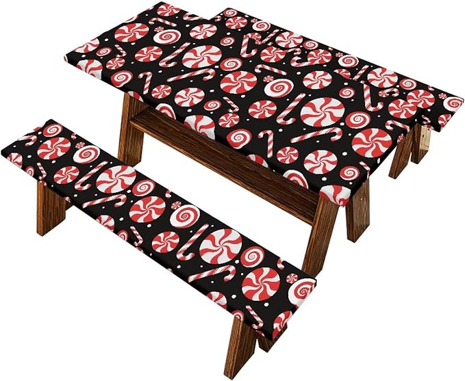 Christmas Candy Cane Picnic Table Cover with Bench Covers Camping Essentials Outdoor Table and Chairs Decorative Sets Flexible Picnic Table 3 Piece Set Suitable for BBQ Picnic Party Camping