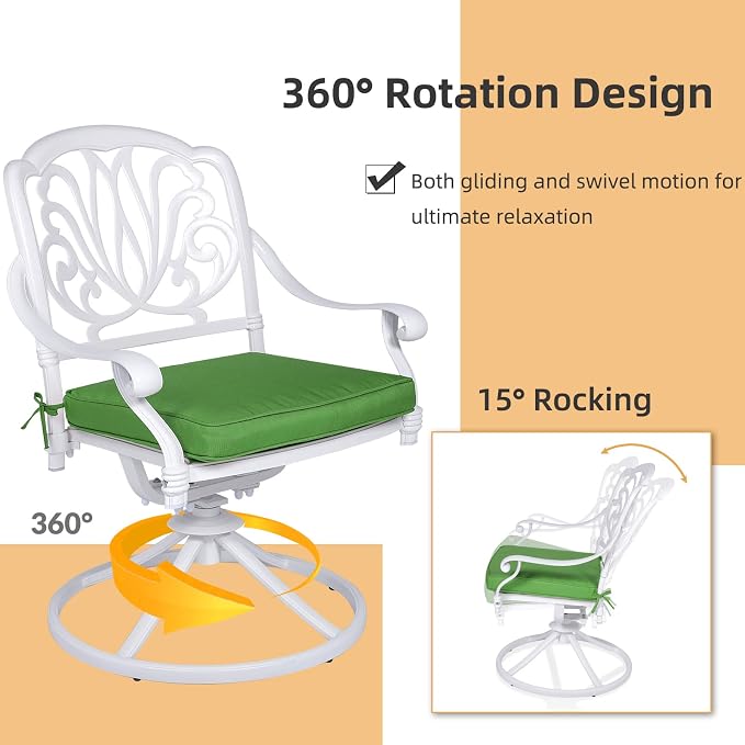 5 Piece Patio Dining Set, Outdoor Table and Chairs Set for 4 Cushioned Swivel Rocking Chairs and 35.4'' Square Table, All-Weather Cast Aluminum Patio Funiture Set, 2.2'' Umbrella Hole, White