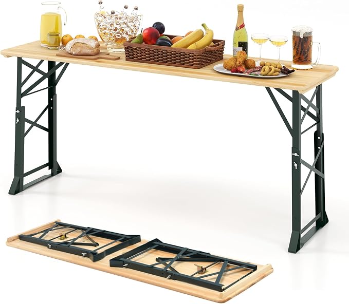 Giantex Folding Picnic Table, 66.5” Outdoor Patio Beer Table with Adjustable Heights, Rectangular Wood Portable Dining Table for Camping, RV, Garden, Party, Backyard, Natural