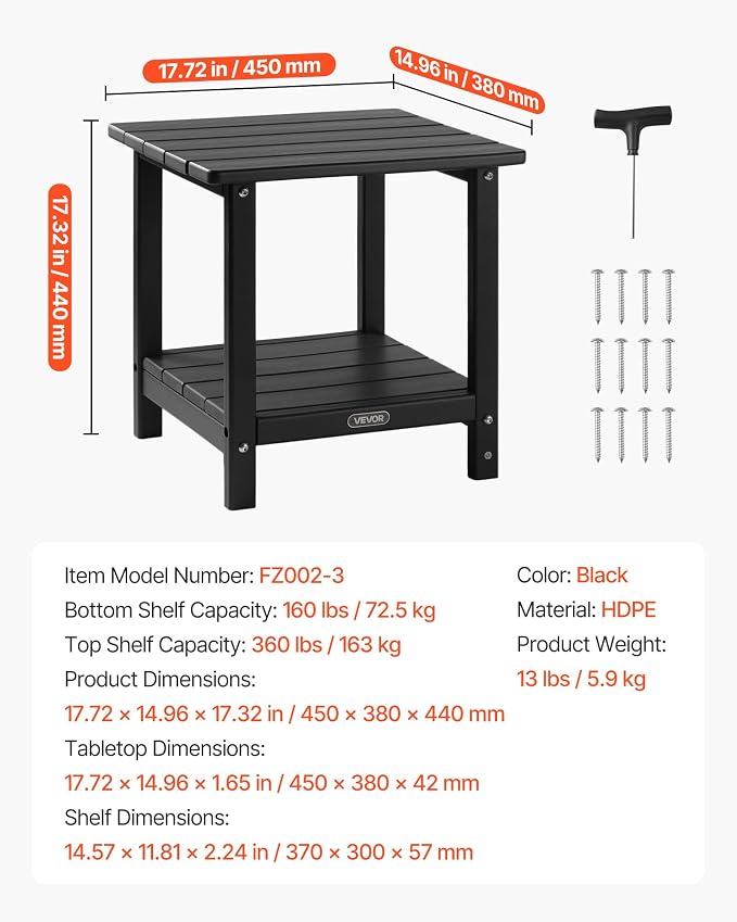VEVOR Outdoor Side Table, 17.72W x 14.96D x 17.32H Inch, Double Layer HDPE Outside End Table for Easy Maintenance, Withstand Harsh Weather, Fit for Patio, Pool, Beach, Porch, Indoor, Backyard, Black