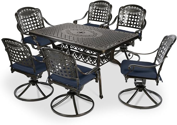 VIVIJASON 7-Piece Outdoor Furniture Dining Set, All-Weather Cast Aluminum Patio Conversation Set, Include 6 Swivel Dining Chairs and a Rectangle Table with Umbrella Hole, Navy Blue Cushion