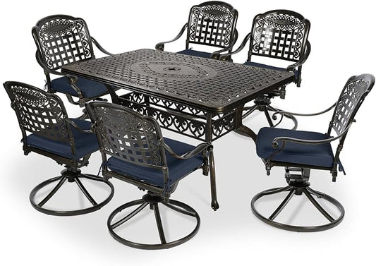 VIVIJASON 7-Piece Outdoor Furniture Dining Set, All-Weather Cast Aluminum Patio Conversation Set, Include 6 Swivel Dining Chairs and a Rectangle Table with Umbrella Hole, Navy Blue Cushion