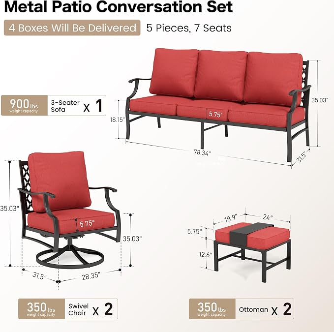 SUNSHINE VALLEY 5 Piece Metal Outdoor Patio Furniture Sets, Patio Conversation Sets 1 3-seater Sofa, 2 Swivel Chairs, 2 Ottomans with 5.75" Thick Cushion, Black All-weather Backyard Furniture Set, Red