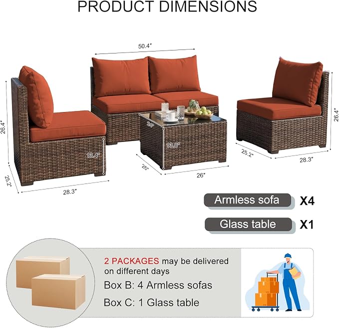 5 Pieces Patio Furniture Set with Glass Table, Outdoor PE Rattan Sectional Sofa with Soft Cushions for Backyard, Porch, and Poolside (Red, 5 PCS w/Table)