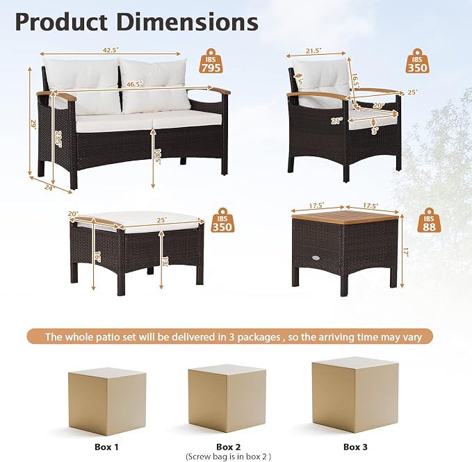 Tangkula 7 Pieces Patio Rattan Sofa Set, Outdoor Wicker Conversation Set w/Seat & Back Cushions, 2 Ottomans & 2 Coffee Tables, Acacia Wood Tabletop & Armrests, Wicker Sofa Set for Backyard, Poolside