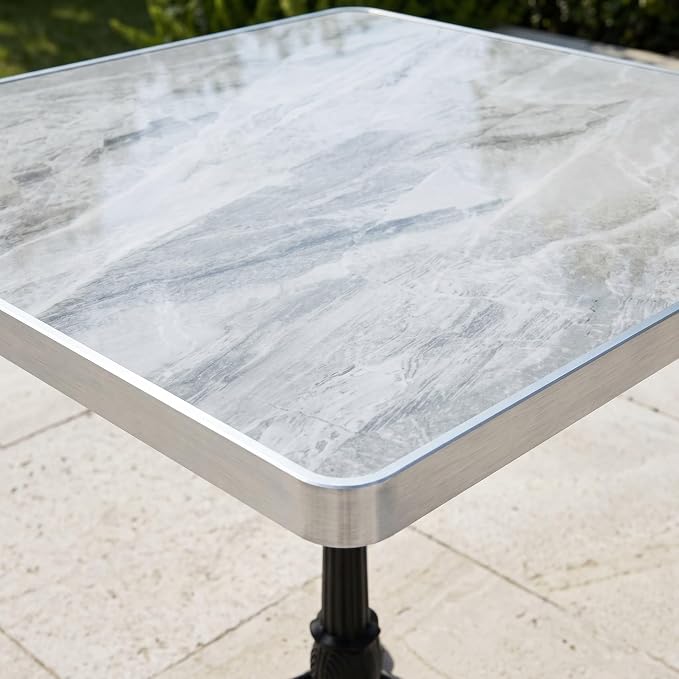 31.5" Square Outdoor Patio Dining Bistro Table, Sintered Stone Top | Glossy sintered stone top, cast iron tulip base, compact size for patio, balcony, garden, or café use, 2-4 People Dining