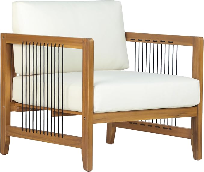 Christopher Knight Home 4 Piece Acacia Wood Outdoor Patio Sofa Set with Black Rope Accents Water Resistant Cushions Teak Finish Conversation Set for Backyard Garden Poolside