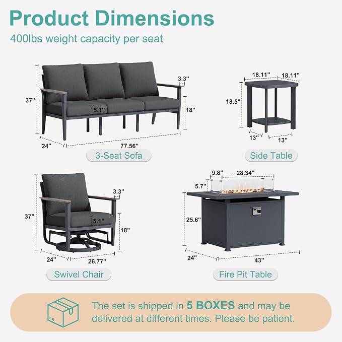 Aluminum Outdoor Patio Furniture Set with Swivel Rocking Chairs 7-Seat, Patio Sectional Sofa Patio Conversation Set with 55,000 BTU Fire Pit Table & High Backrest, Dark Grey