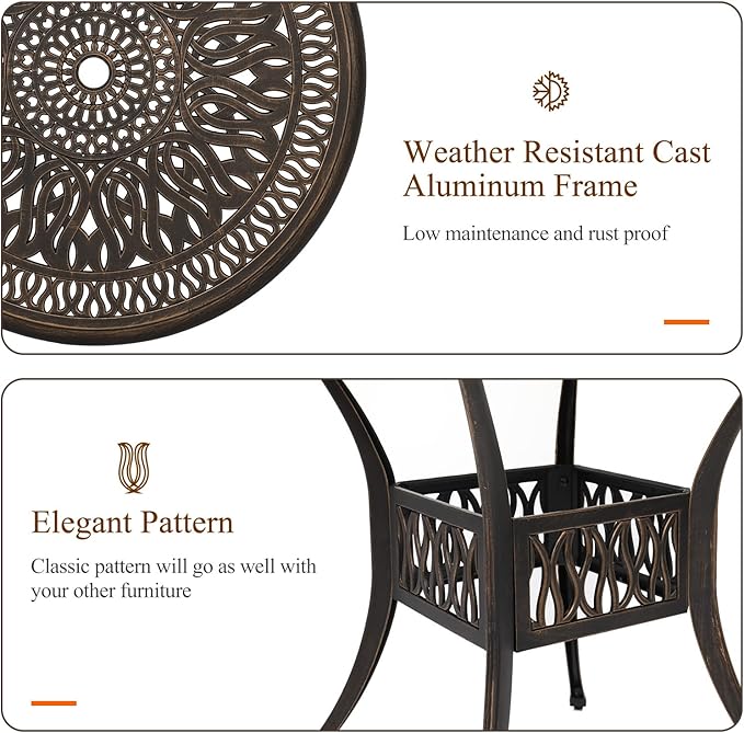 VINGLI 35" Patio Dining Table, Cast Aluminum Round Outdoor Dining Table with Umbrella Hole Outdoor Bar Table, Outdoor Bistro Table Outdoor Furniture Garden Table (35.4”Diax29.5”H)