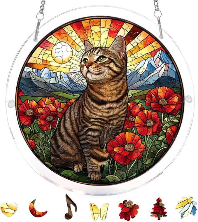 Acrylic Puzzle Suncatcher, Cat & Flower Stained Glass Window Hanging, Sun Catcher Puzzle Kit Home Garden Decor, Creative Mothers Day and Birthdays Gifts for Mom, Wife, Sisters, 7.87 inch