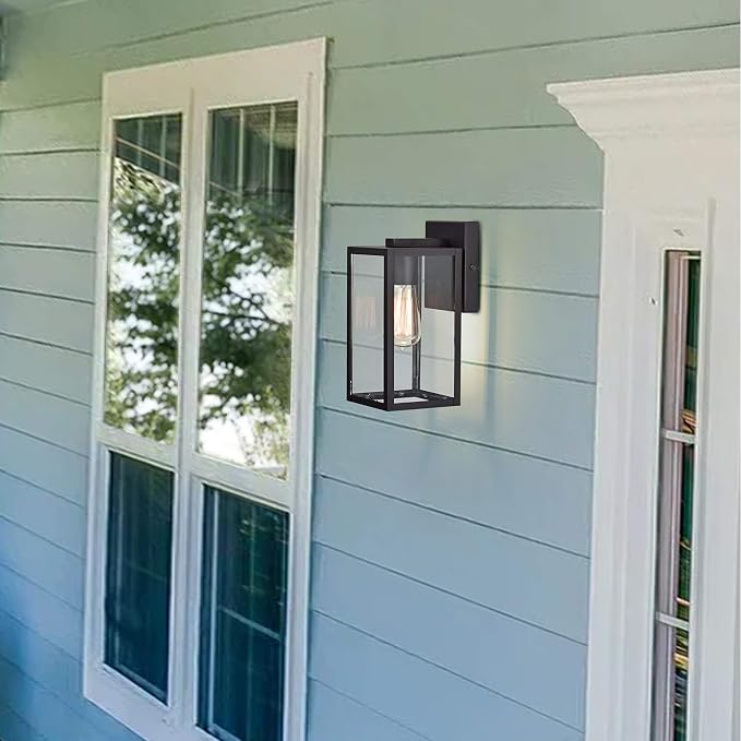 MICSIU 2 Pack 11“ Textured Black Modern Farmhouse Outdoor Light Fixture | Rustic Exterior Wall Sconce with Clear Glass, Outside Porch Lights for House Garage Patio, E26 Base