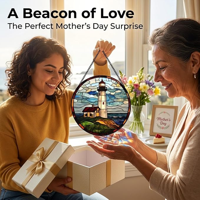 Birthday Gifts for Women - Ocean Lighthouse Faux Stained Glass Window Hanging Sun Catcher for Door Garden Acrylic Decor Mother's Day Christmas for Mom Men Nana Grandma Sisters Dad 6.3"