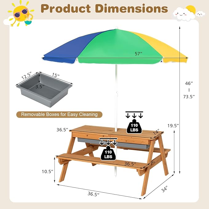 KOTEK Kids Picnic Table, 4 in 1 Sand and Water Table w/Detachable Tabletop, 2 Removable Play Boxes, Foldable & Height Adjustable Umbrella, Wood Sensory Table and Bench for Outdoors, Indoors (Colorful)