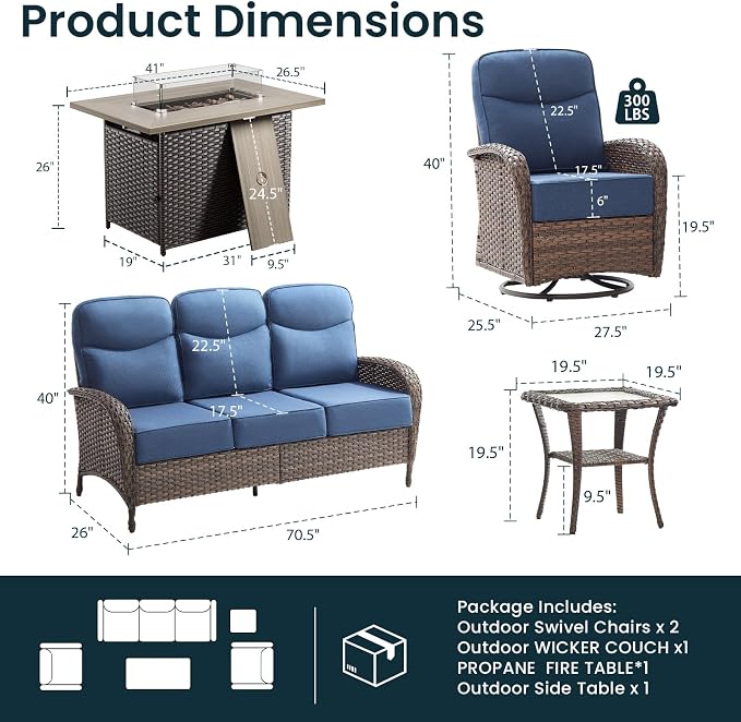 Luxury 6-Inch Cushion Patio Furniture Set with 41" Fire Pit Table, High Back Swivel Rocker Patio Chairs with Outdoor Couch, Outdoor Wicker Conversation for Deck Porch Garden Balcony Poolside