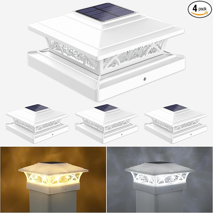 JOFIOS Solar Post Cap Lights Outdoor 4pack, White Deck Fence Post Lights Solar Powered with 16LEDS 2 Lighting Modes, 4x4/5x5/6x6 Waterproof Fence Post Lights for Garden Patio Porch Backyard