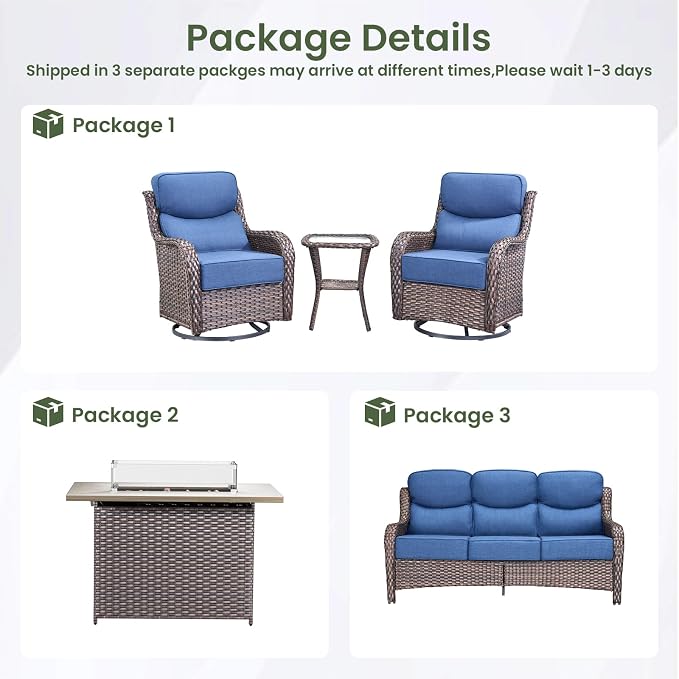 Luxury Patio Furniture Set with 6-inch Thick Cushion, Outdoor Furniture with Fire Pit Table, Swivel Chairs, Side Table, Sofa, 5pcs Wicker Conversation Set for Deck Yard(Brown Wicker/Blue Cushion)