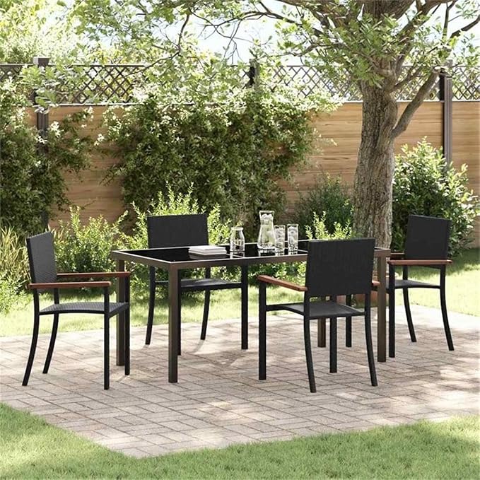 Afuera Living 5 Piece Poly Rattan Garden Dining Set, Black Finish, Powder-Coated Steel Frame with Acacia Wood Armrests, UV Resistant, Includes Seating for 4, Modern Outdoor Patio or Garden Furniture