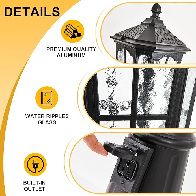 Dusk to Dawn Outdoor Post Lights with Outlet, Waterproof Outside Pole Light with Water Ripple Glass, Exterior Vintage Black Street Lamp Fixtures for Garden, Pathway, Yard