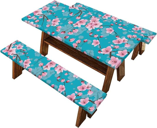 Cherry Blossom Table Cover with Bench Covers Washable Rectangle Table Cover Outdoor Patio Camping Essentials Picnic Table and Chair Decorative Cover Suitable for Thanksgiving