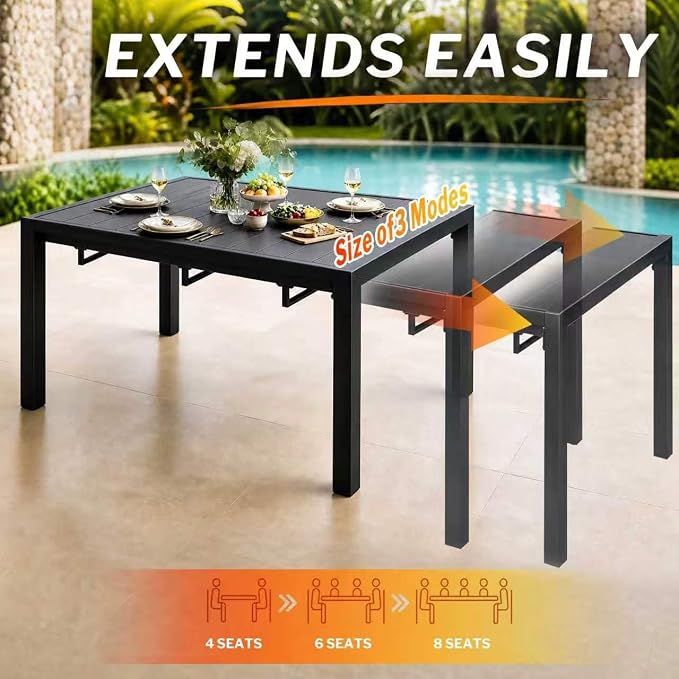 MEOOEM Expandable Outdoor Dining Set for 8, Extendable 9 Piece Outdoor Dining Table Set 450LBS Heavy Duty, Comfortable Highback Wide Deep Seat 8 Person Patio Dining Set for Outside, Backyard, Grey