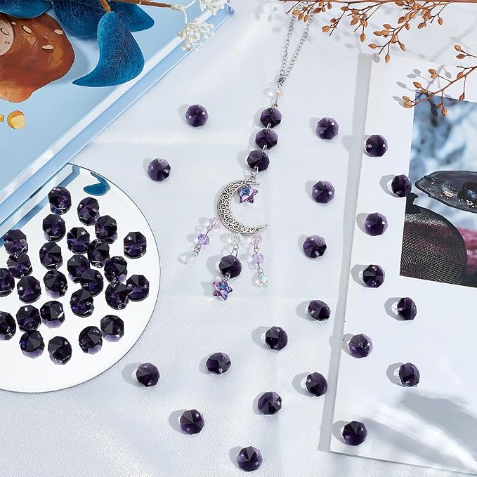 120Pcs 14mm Glass Octagon Beads 2 Hole Crystal Prism Beads Dark Orchid Crystal Chandelier Parts Replacement Connector Sun Catcher Faceted Spacer for Suncatcher DIY Lamp Pendant Jewelry Making