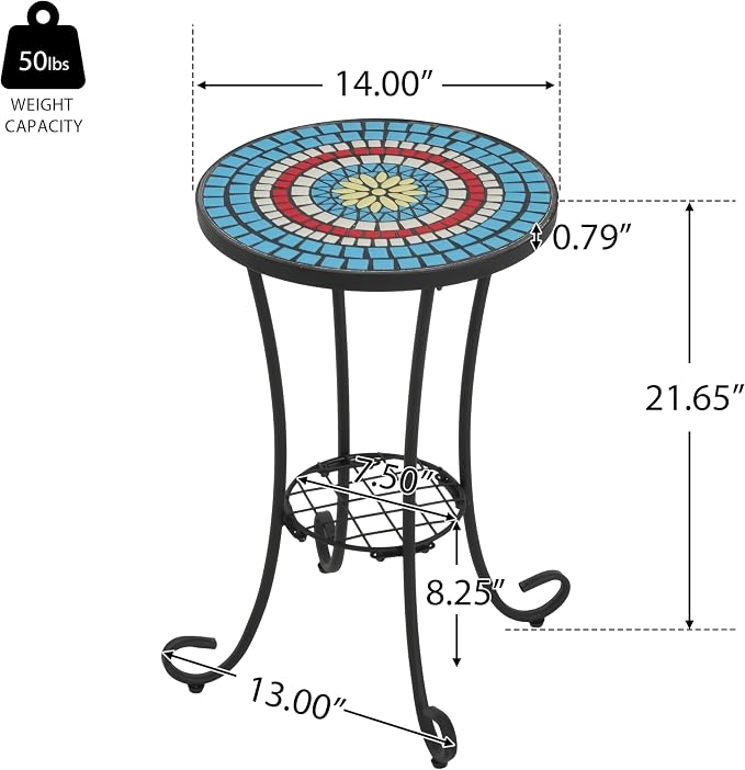 Patio Side Table, Round Ceramic Top, Blue Floral