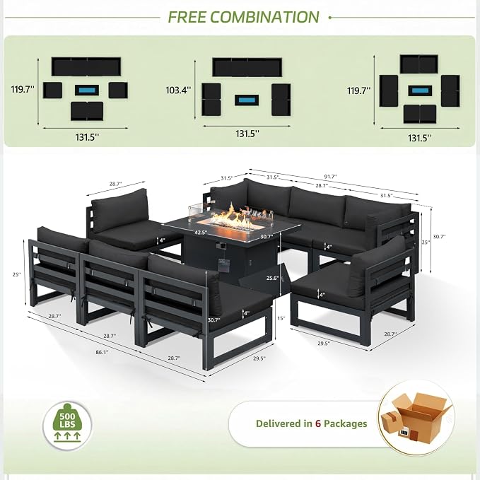 RADIATA 9 Piece Modern Aluminum Patio Furniture Set with Fire Pit Table, 500 lbs Heavy Duty Outdoor Sectional Sofa, 29" Deep Wide Oversize Seating Conversation Couch for Garden Exterior, Dark Gray