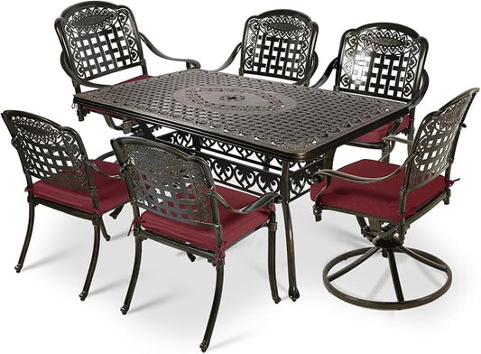 VIVIJASON 7-Piece Patio Furniture Dining Set, Outdoor Cast Aluminum Conversation Set, Include 4 Stationary Chairs, 2 Swivel Dining Chairs and a Rectangle Table with 2" Umbrella Hole, Red Cushion