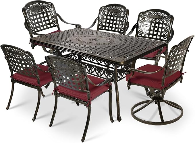 VIVIJASON 7-Piece Patio Furniture Dining Set, Outdoor Cast Aluminum Conversation Set, Include 4 Stationary Chairs, 2 Swivel Dining Chairs and a Rectangle Table with 2" Umbrella Hole, Red Cushion
