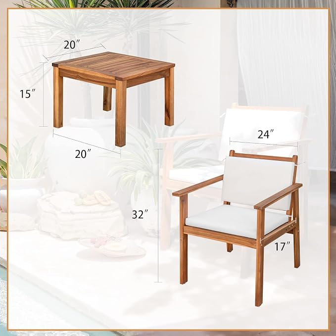 Devoko Patio Set 3 Piece Acacia Wood Outdoor Furniture Conversation Seat with Table & Cushions Porch Chairs for Balcony, Deck, Backyard, Beige