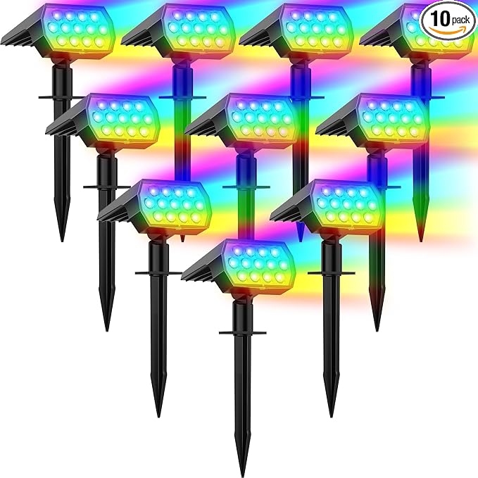 Solar Spot Lights Outdoor Color Changing, [7 Modes/10 Pack] Christmas IP65 Waterproof Landscape Spotlights, Dusk to Dawn Solar Powered Security Light for Patio Gate Walkway Pool Garden Yard Driveway