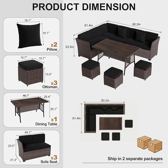 LOUVIXA 7 Pieces Patio Furniture Set, Outdoor Patio Furniture, Wicker Conversation Set with Dining Table, Chairs and Ottoman