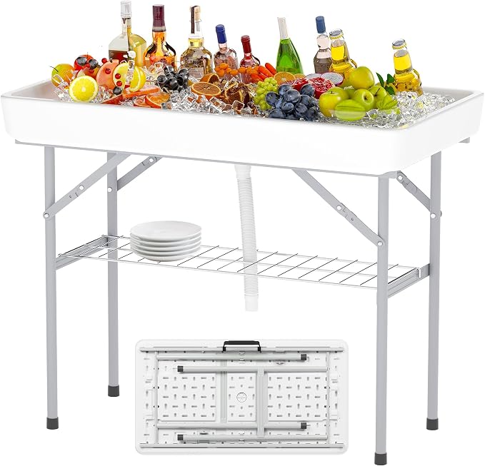 LHBcraft 4 Foot Ice Cooler Table with Matching Skirt & Drain Hose, with Iron Stand, Portable Patio Outdoor Chilling Table Portable Bar for Events for Party, Picnic, BBQ, Camping, White