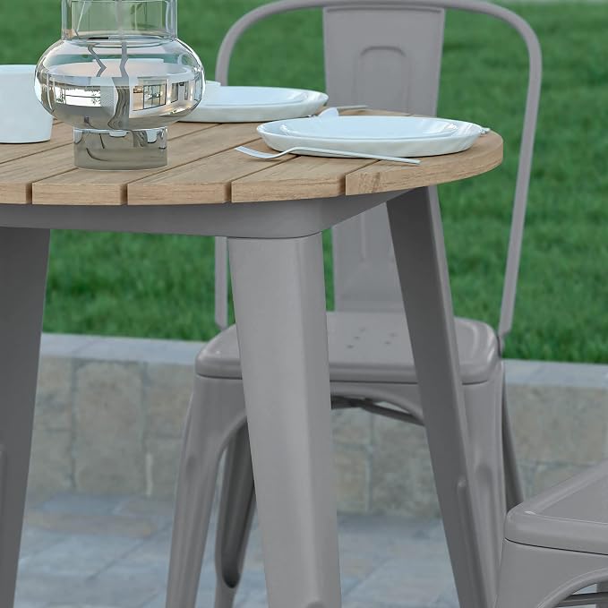 EMMA + OLIVER Drew Dining Table - Brown 30" Round Poly Resin Table Top - Silver Steel Base - All-Weather for Indoor/Outdoor Use