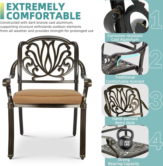 MEETWARM 9-Piece Outdoor Furniture Dining Set, All Weather Cast Aluminum Patio Garden Set- 8 Cushioned Chairs, 61" Round Patio Dining Table with Detachable Lazy Susan, 2" Umbrella Hole,Dark Bronze