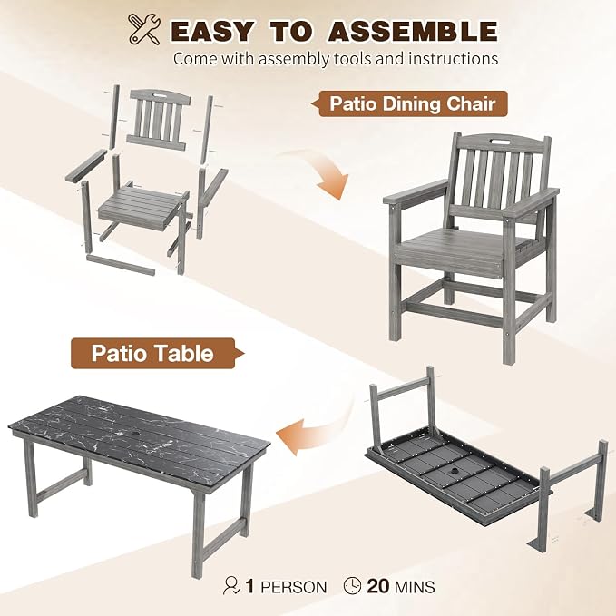 7-Piece HIPS Patio Dining Set, 66.9" W Marble Texture Outdoor Table with Umbrella Hole & 440LBS Capacity & Galvanized Steel Frame, 6 Chairs | 19.7" W, Dining Table Furniture Set for 6, Grey