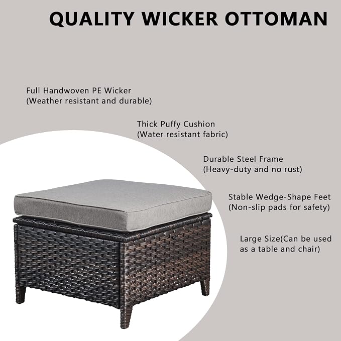 Rilyson Wicker Patio Furniture Set - 5 Piece Rattan Outdoor Sectional Conversation Sets with 2 Chairs,2 Ottomans and 1 Side Table for Porch Deck Garden(Brown/Grey)