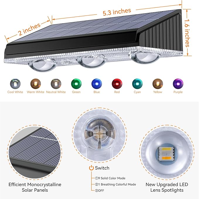 Solar Fence Lights Outdoor 6 Pack, Upgraded Brightness 3X LED Lens Fence Lights Solar Powered, 9 Fixed Colors & RGB Lights, IP65 Waterproof Solar Lights for Outside Backyard/Railing/Step/Patio